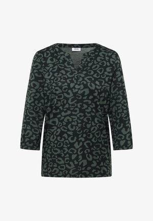 Grünes Leopardenmuster-Oberteil mit Dreiviertelärmeln und V-Ausschnitt. Hergestellt aus weichem Stoff, mit einem lockeren Schnitt und subtiler Textur.