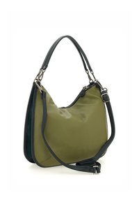 Borsa a tracolla in pelle verde con finitura testurizzata, chiusura con cerniera superiore e tracolla regolabile verde scuro. Presenta una forma a hobo e dettagli in metallo argentato.
