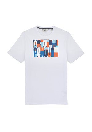 Weißes Baumwoll-T-Shirt mit einem bunten Grafikdruck, der den Text "Original Penguin" in Blau, Orange und Rot auf der Vorderseite zeigt.