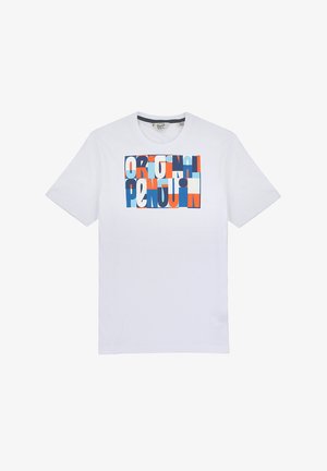 White cotton T-shirt featuring a colorful graphic print with the text "Original Penguin" in blue, orange, and red on the front.