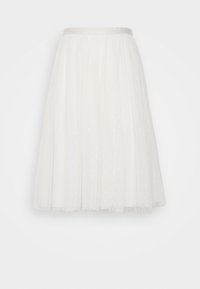 Valkoinen midi-tüllihame, jossa on hopeinen elastinen vyötärö ja hienovarainen pilkullinen tähtikuvio.