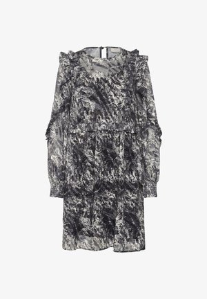 Robe à motif floral en nuances de noir et blanc, dotée de manches longues à volants et d'une silhouette évasée avec un dos en forme de goutte.