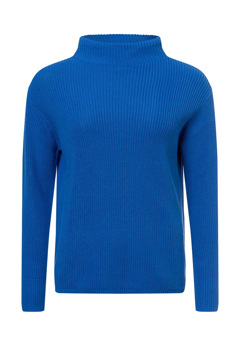 Blauwe geribbelde gebreide trui met een hoge kraag, lange mouwen en een relaxed fit. Gestructureerde stof met een gladde afwerking.