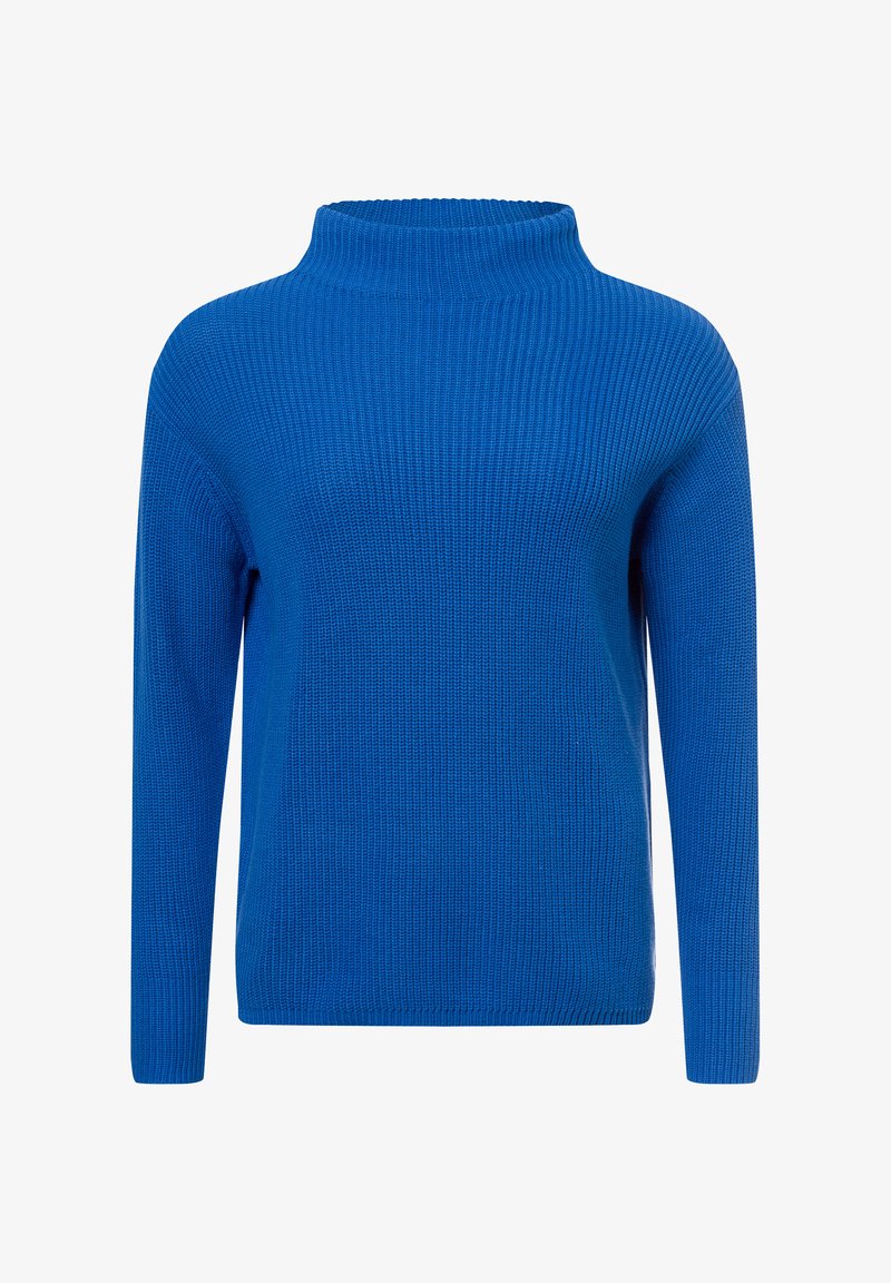 Blauwe geribbelde gebreide trui met een hoge kraag, lange mouwen en een relaxed fit. Gestructureerde stof met een gladde afwerking.