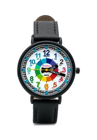Montre ronde avec un bracelet en cuir noir et un cadran multicolore affichant des chiffres et des aiguilles pour lire l'heure au format 12 et 24 heures.