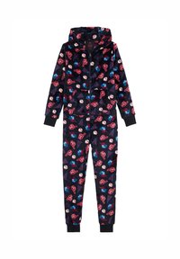 Hoodie jumpsuit i mjuk, svart tyg med ett färgglatt mönster av röda och blå sportteman, med ribbade muddar och en frontdragkedja.