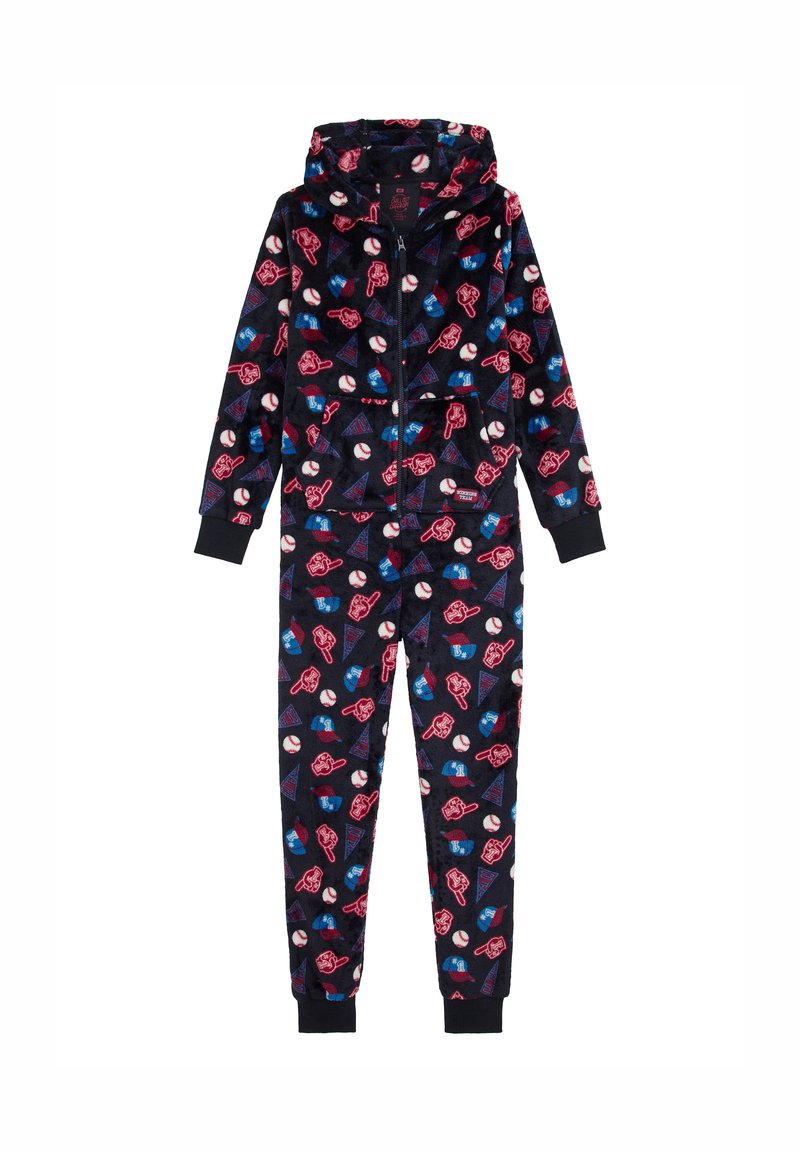 Hoodie jumpsuit i mjuk, svart tyg med ett färgglatt mönster av röda och blå sportteman, med ribbade muddar och en frontdragkedja.