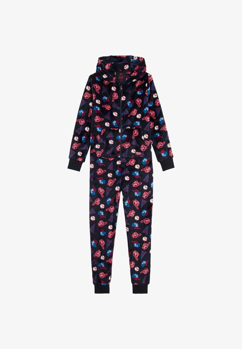 Hoodie jumpsuit i mjuk, svart tyg med ett färgglatt mönster av röda och blå sportteman, med ribbade muddar och en frontdragkedja.