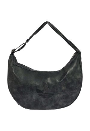 Schwarze Leder-Halbmonden-Schultertasche mit verstellbarem Riemen und dezent geprägtem Adidas-Logo vorne in der Mitte.