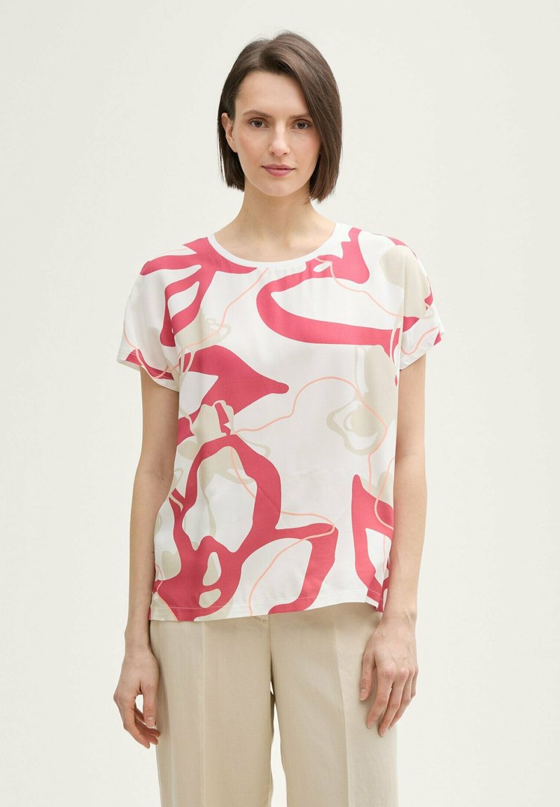 Kurzärmlige Bluse aus weißem Stoff mit abstrakten rosa und beige-blumenmustern, mit einem runden Ausschnitt und einer lockeren Passform.