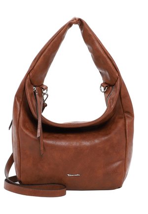 Bruine zachte leren schoudertas met een gedraaide handgreep, ritssluitingdetails en een afneembare lange riem.