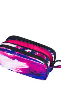Astuccio multicolore con spirali rosa, blu e bianche, dotato di doppia zip e dettagli neri. Realizzato in tessuto resistente.