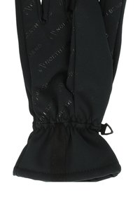 Sorte handsker lavet af blød, strækbar stof, med en samlet håndledsdesign og prægede logo-detaljer hele vejen igennem.