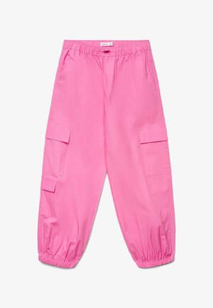 Pantaloni cargo rosa brillante con vita e polsini elasticizzati, caratterizzati da multiple tasche con patta sulle gambe e tasche lungo la cucitura laterale.