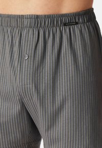 Boxer grigi a righe con elastico in vita, dotati di sottili linee blu e gialle, e chiusura a bottone sul davanti. Etichetta del marchio visibile.