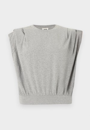 Grå sweatshirt med korte, pufærmer, rund halsudskæring og en indsamlet kant ved taljen. Blødt bomuldsblandet materiale.