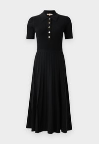 Black ribbed dress with short sleeves, a button-down collar, and gold buttons. The skirt features vertical pleats extending to the hem.