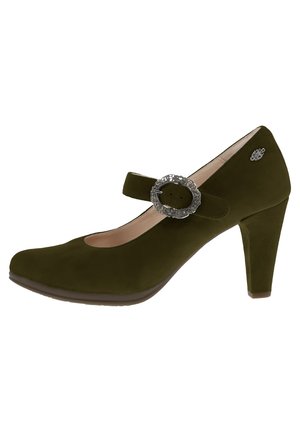 Olive green suede high heel shoe with a rounded toe, an ankle strap, and a decorative silver buckle. Smooth texture with a sturdy heel.