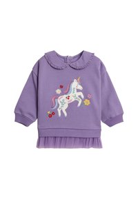 Sudadera morada con un cuello rizado, que presenta un unicornio bordado y diseños florales, y un dobladillo inferior de tul.
