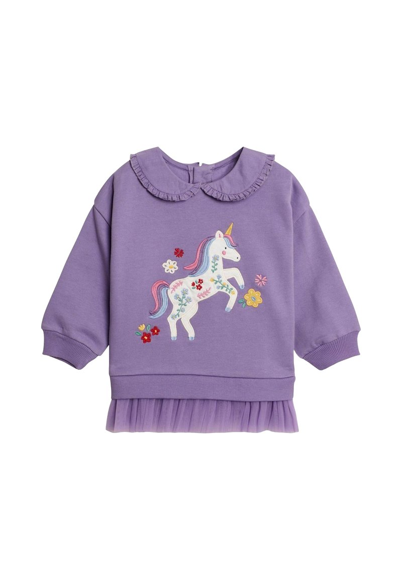 Sudadera morada con un cuello rizado, que presenta un unicornio bordado y diseños florales, y un dobladillo inferior de tul.