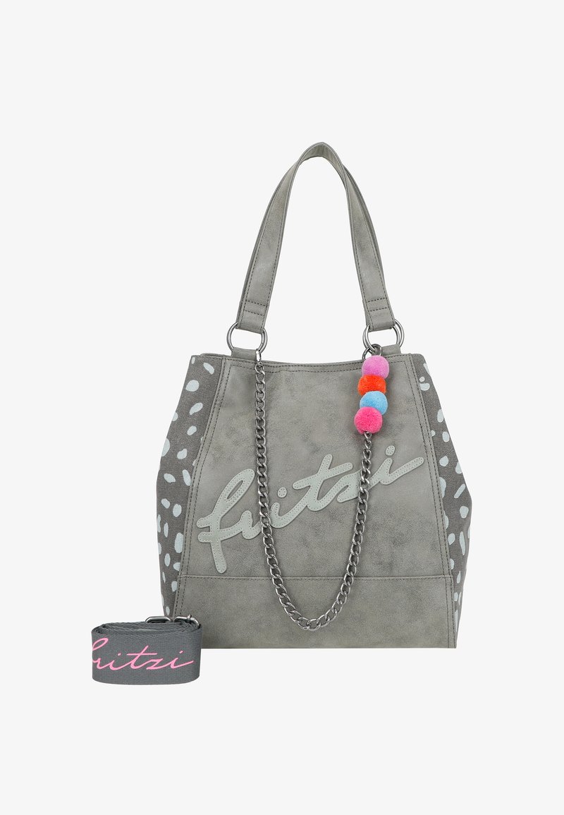 Sac à main gris avec une texture douce, doté d'une bandoulière en chaîne et de pompons colorés. Agrémenté de pois blancs et du logo "fitzi".
