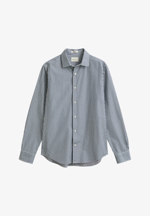 Heren overhemd met lange mouwen, knoopsluiting, blauwe en witte verticale strepen en een klassieke kraag, weergegeven tegen een witte achtergrond.