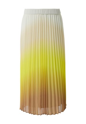 Pleated midi skirt with a white elastic waistband, featuring a gradient design from pale yellow to brown, made of lightweight fabric.