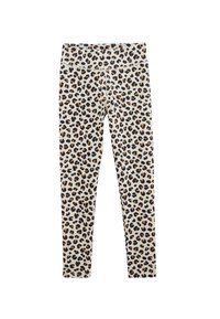 Leggings avec un fond beige, ornés d'un motif léopard noir et marron. Fabriqués dans un tissu flexible et doux avec une taille élastique.