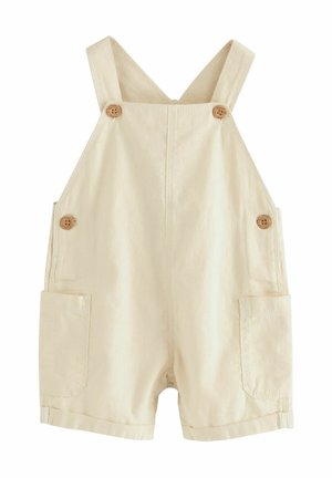 Pantalones cortos de algodón beige con tirantes ajustables, botones de madera y dos bolsillos laterales. Textura suave con puños doblados.