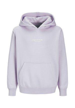 Sweat à capuche lilas en tissu doux, avec une poche avant, des poignets côtelés et un cordon de serrage. Logo "Originals Studio" en blanc sur la poitrine.
