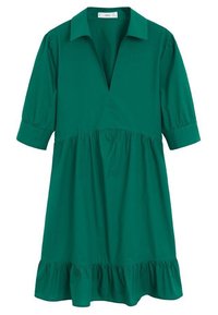 Robe en coton vert avec un col, des manches courtes bouffantes, un décolleté en V et un ourlet à volants en plusieurs niveaux. Texture lisse et coupe décontractée.