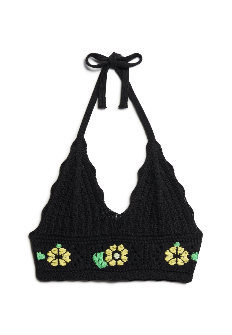 Schwarzes gehäkeltes Bralette mit Halter-Ties, tiefem V-Ausschnitt und floraler Stickerei in Gelb und Grün entlang des unteren Bands. Strukturierter Stoff.