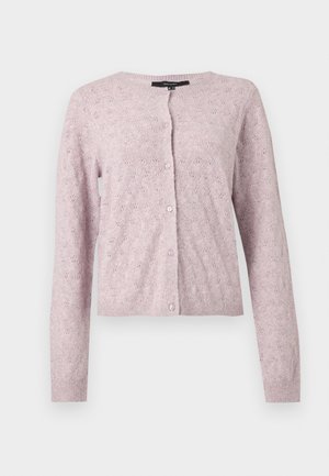 Hellvioletter gestrickter Cardigan mit langen Ärmeln, rundem Ausschnitt, Knopfleiste vorne und dezentem Spitzenmuster durchgehend.