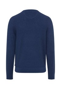 Marineblauer Pullover mit rundem Ausschnitt, langen Ärmeln, strukturierter Strickstoff, gerippter Saum und Bündchen, minimalistisches Design, keine sichtbaren Logos oder Muster.