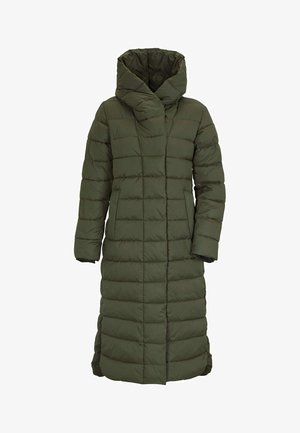 Long, olive green puffer coat with a high collar and zip closure, featuring quilted sections and side pockets. Soft, insulated fabric.