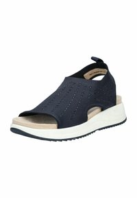 Námořnické látkové sandály s perforovaným designem, otevřenou špičkou a podpatkem. Vybaveny světle béžovou polstrovanou stélkou a bílou podešví s černým vzorem.