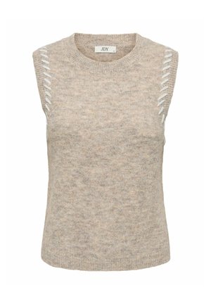 Beige ermeløs strikket topp med teksturert overflate, med hvit dekorativ snøring langs skuldersømmene og rund hals.