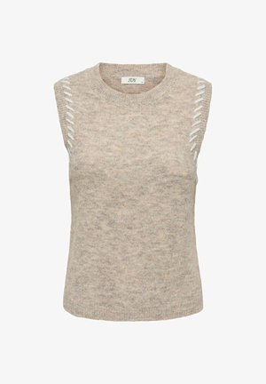 Beige ermeløs strikket topp med teksturert overflate, med hvit dekorativ snøring langs skuldersømmene og rund hals.