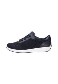 Navy blue mesh sneakers with faux leather accents, round toe, flat white rubber sole, and lace-up closure. Textured surface detailing.