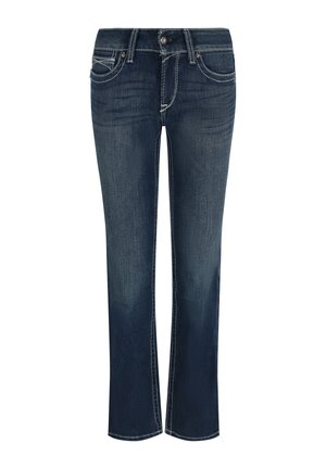 Blue denim jeans with a straight leg design, contrasting stitching, and five-pocket styling. Features a classic button and zipper closure.