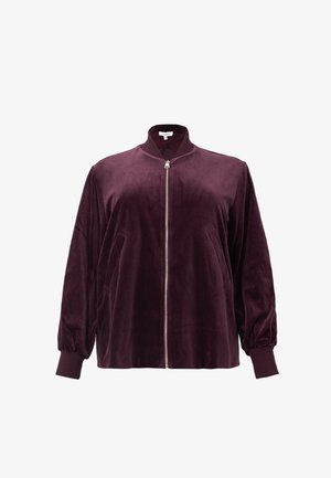 Burgundy velvet bomber jacket with a front zipper, ribbed cuffs, and side pockets. Smooth texture with a classic collar design.