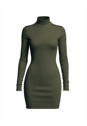 Ribbed knit dress in olive green, featuring a mock turtleneck and long sleeves, with a fitted silhouette and mid-thigh length.