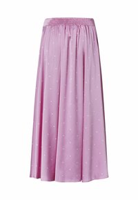 Lyserød nederdel, knælængde, med en smocket elastisk talje og hvidt prikket mønster overalt. Glat, flydende stoftekstur.