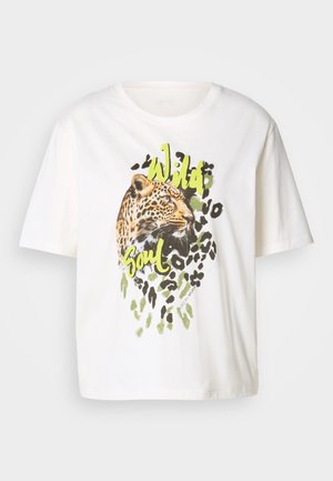 White cotton t-shirt featuring a leopard graphic with green accents and the words "Wild Soul." Short sleeves, relaxed fit, and smooth texture.