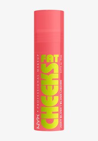 NYX Fat Cheeks Blush juteux, conteneur cylindrique élégant, rose corail vif avec lettres jaunes audacieuses, capacité de 8 mL, finition mate.