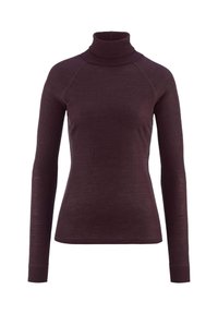 Burgunderfarbene Rollkragenpullover mit langen Ärmeln, geripptem Muster und körpernahem Schnitt. Hergestellt aus weichem Material, mit einem hohen Kragen-Design.
