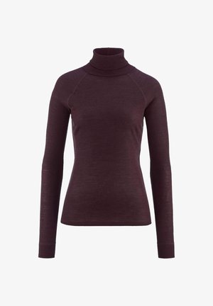 Burgundy turtleneck sweater with long sleeves, ribbed texture, and snug fit. Made from soft material, features a high collar design.