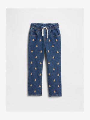 Barnas blå denim-bukser med elastisk midjebånd, hvit snor, frontlommer og teddybjørn-broderimønster over bena.