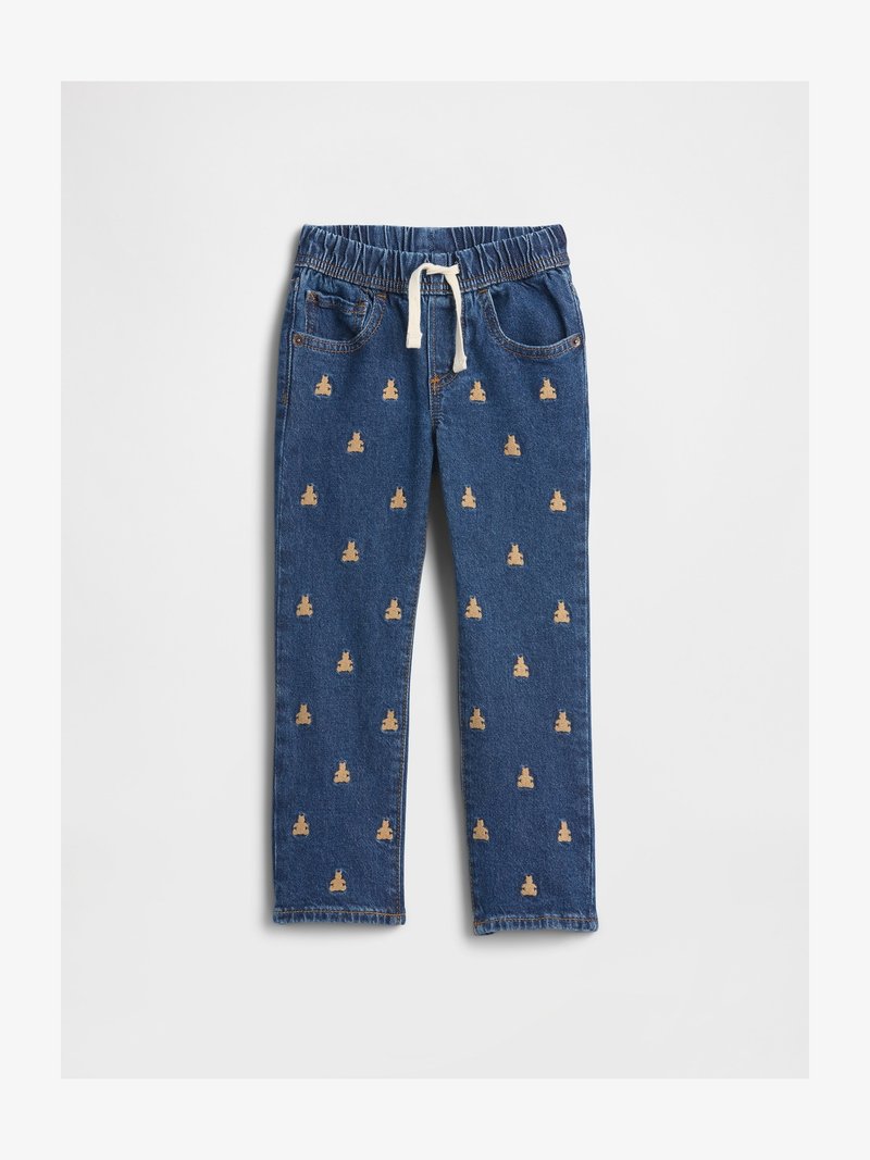 Μπλε τζιν παντελόνι παιδικό με ελαστική μέση, λευκό κορδόνι, τσέπες μπροστά και κέντημα αρκουδάκι κατά μήκος των ποδιών.