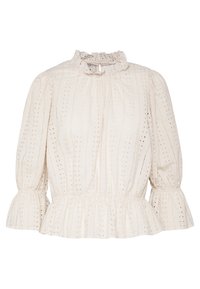 Bílá bavlněná blůza s volánkovým vysokým límcem, nabíranými rukávy a elastickým pasem. Obsahuje vertikální vzory s dírkami a mírně rozšířený lem.